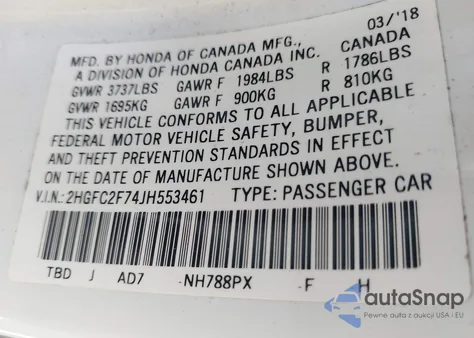 2018 Honda Civic Ex from USA, damaged, VIN 2HGFC2F74JH553461